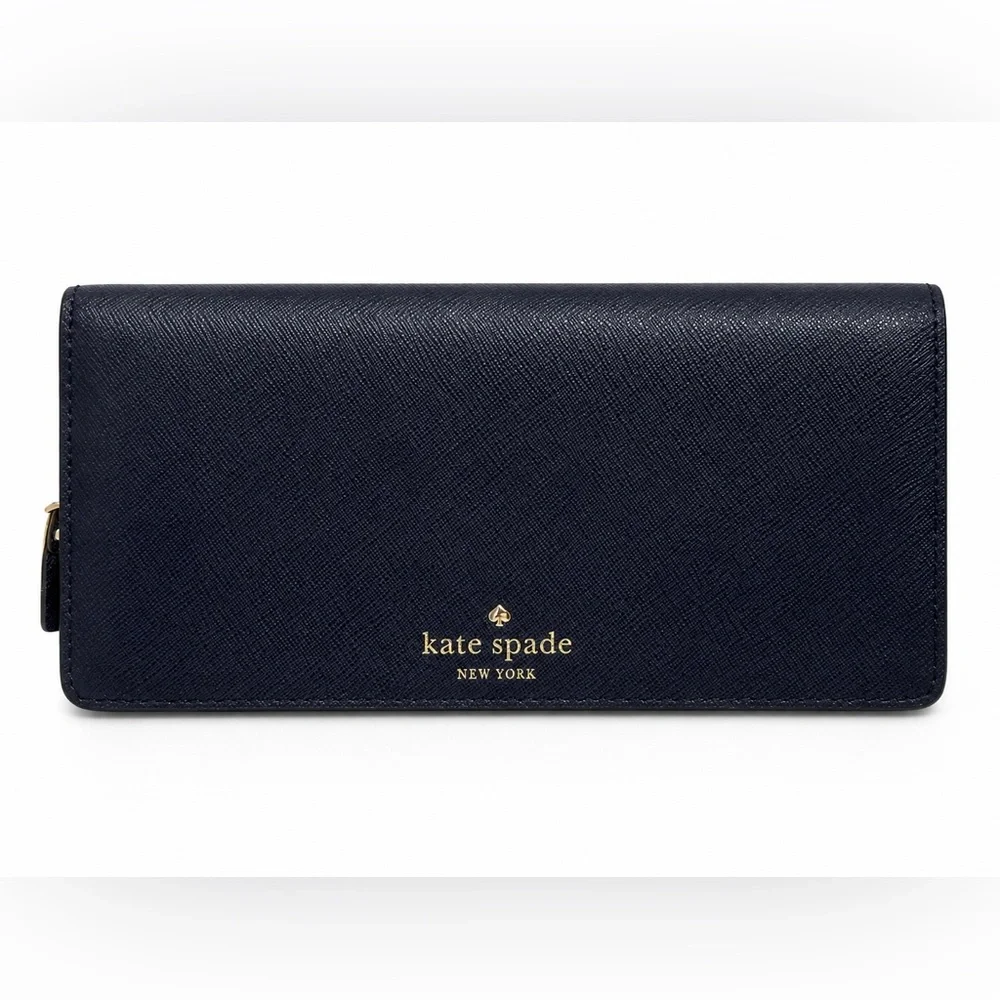 Kate Spade New York Navy Saffiano Leather Slim Wallet Clutch Gold Logo Zip